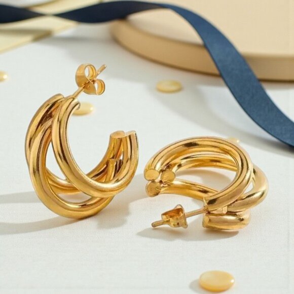 π Modern Muse Triple Hoop Timeless Earrings 18K Gold Plated Stainless Steel - Picture 10 of 10